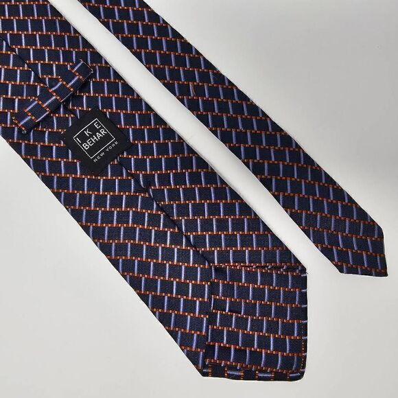 IKE BEHAR SILK TIE BLUE ORANGE BRICK STRIPE TEXTURED LUXURY 3.75" X 60" - Picture 2 of 2